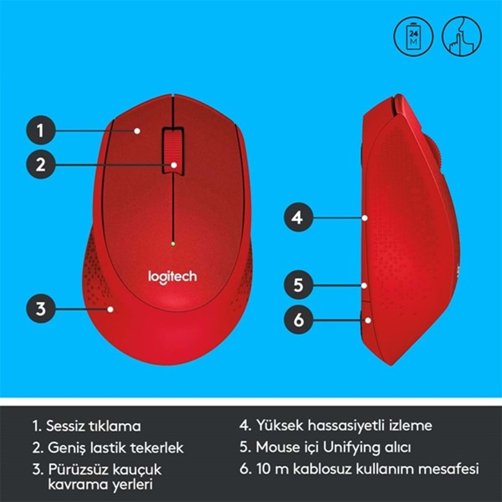 LOGITECH M330 Kablosuz Sessiz Kırmızı Mouse (910-004911)