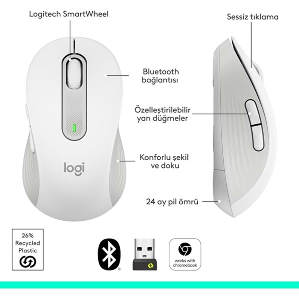 LOGITECH M650 Kablosuz + Bluetooth Beyaz Mouse (910-006238)