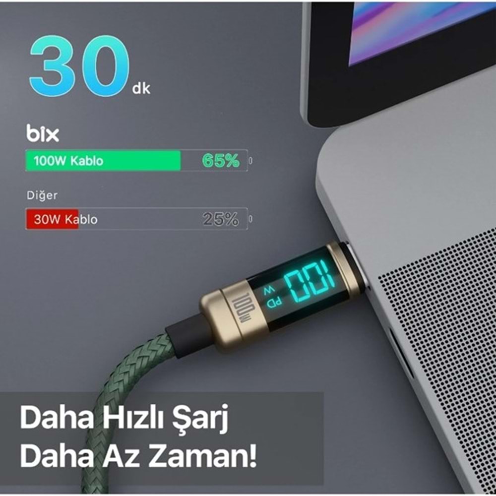 BIX 1metre BX09CC-BN 100w Dijital Ekranlı Şarj Kablosu Bronz