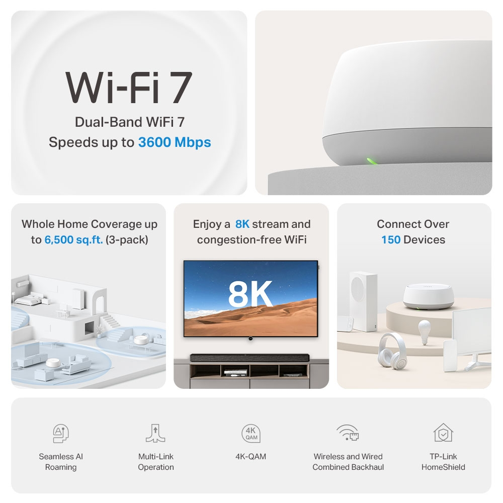 TP-LINK DECO BE22-3P WIFI7 BE3600 Mesh Router 3'lü paket 600 m²’ye kadar kapsama