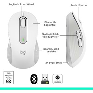 LOGITECH M650 Kablosuz + Bluetooth Beyaz Mouse (910-006238)
