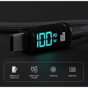 BIX 1metre BX09CC-BK 100w Dijital Ekranlı Şarj Kablosu Siyah