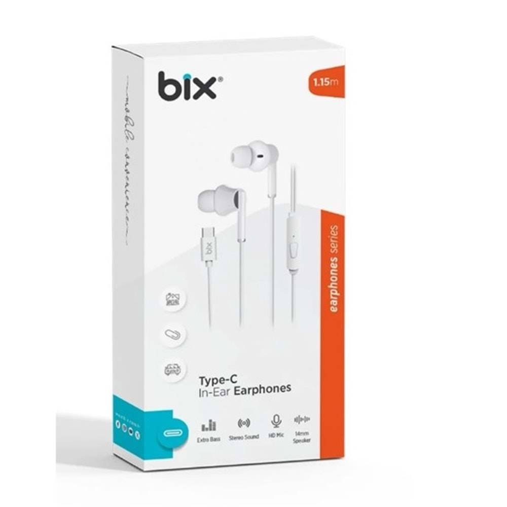 BİX HF01C-WE Type-C Beyaz 14MM EXTRA BASS KULAKİÇİ Mikrofonlu Kulaklık