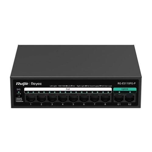 RUIJIE 8port RG-ES110FG-P 10//100 2-UPLINK 110W YÖNETİLEMEZ POE SWITCH