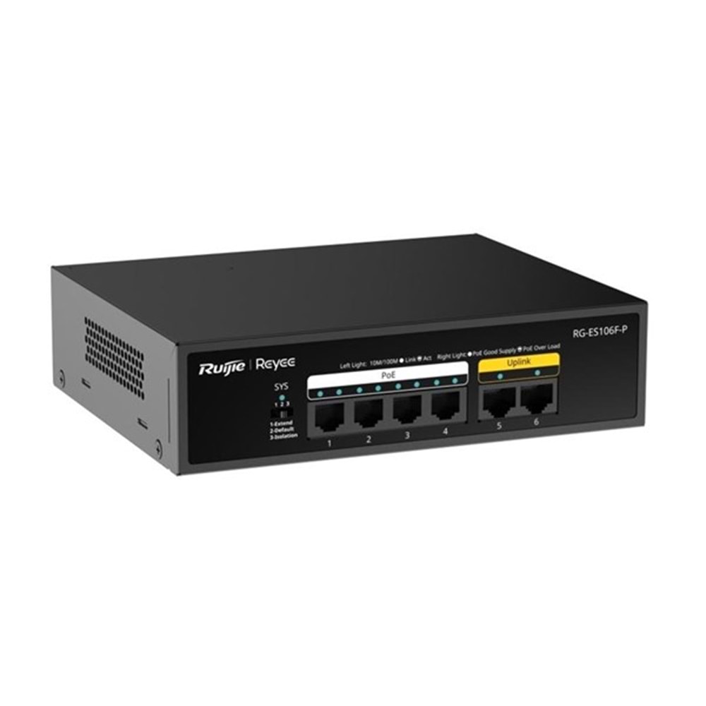 RUIJIE REYEE 6port RG-ES106F-P 10/100 2-UPLINK 54W 4port YÖNETİLEMEZ POE SWITCH