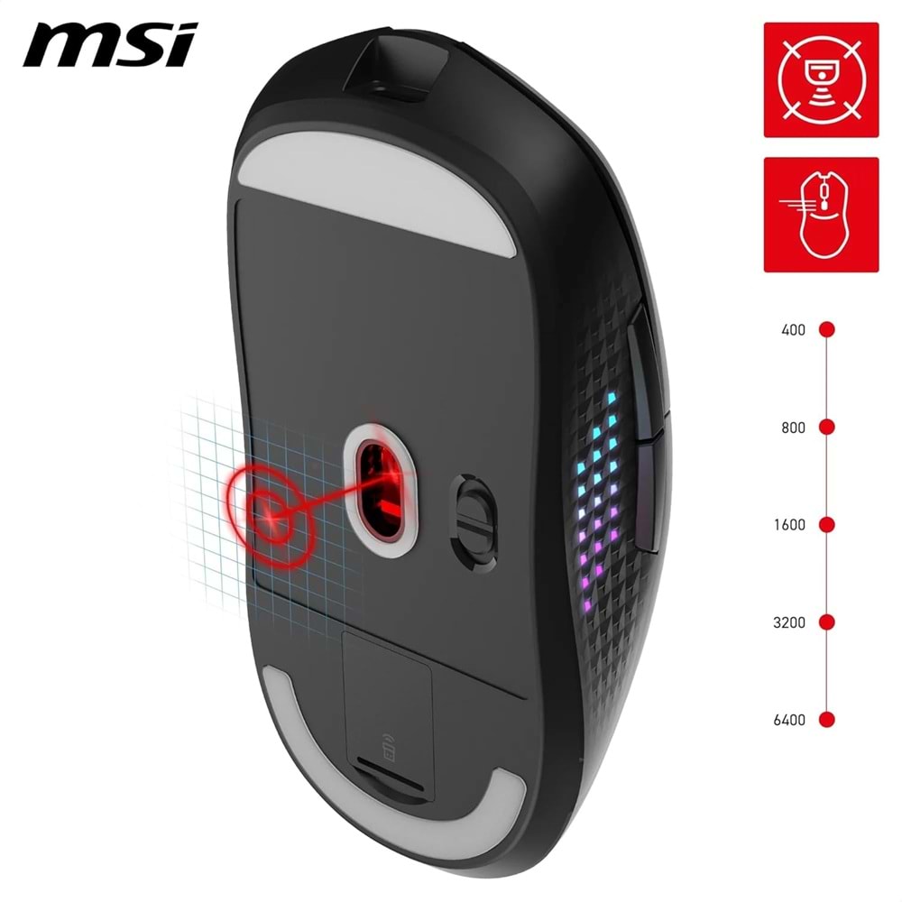 MSI VERSA 300 ELITE W 26000 DPI RGB 2.4GHz Bluetooth 5.3 Kablosuz Gaming Mouse