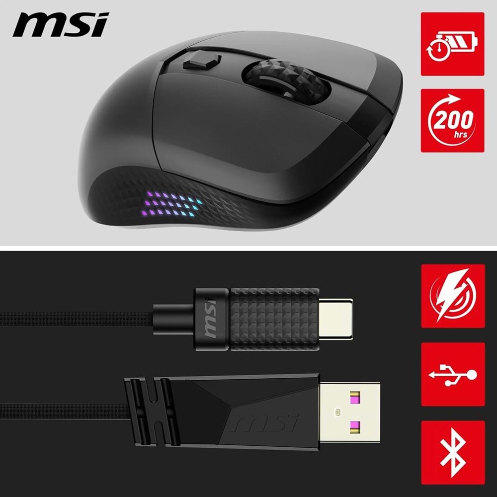 MSI VERSA 300 ELITE W 26000 DPI RGB 2.4GHz Bluetooth 5.3 Kablosuz Gaming Mouse