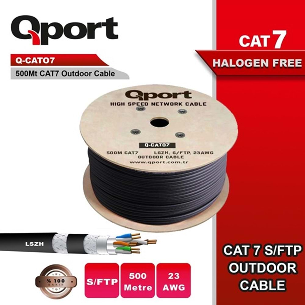 QPORT 500metre Q-CATO7 S/FTP 23AWG CAT7 Siyah Kablo (Halogeen Free) Tam Bakır