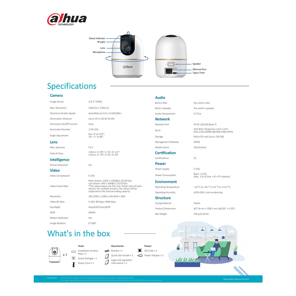 DAHUA 3MP Küp 2.8mm Wıfı Kablosuz IP Kamera HPT1330DA-STW