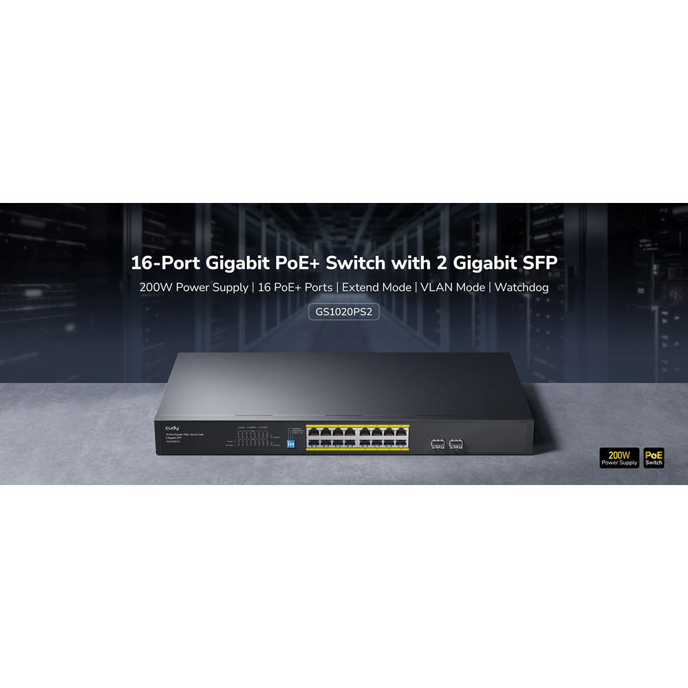 CUDY 16port PoE 200w 2-SFP Gigabit Yönetilemez Switch GS1020PS2