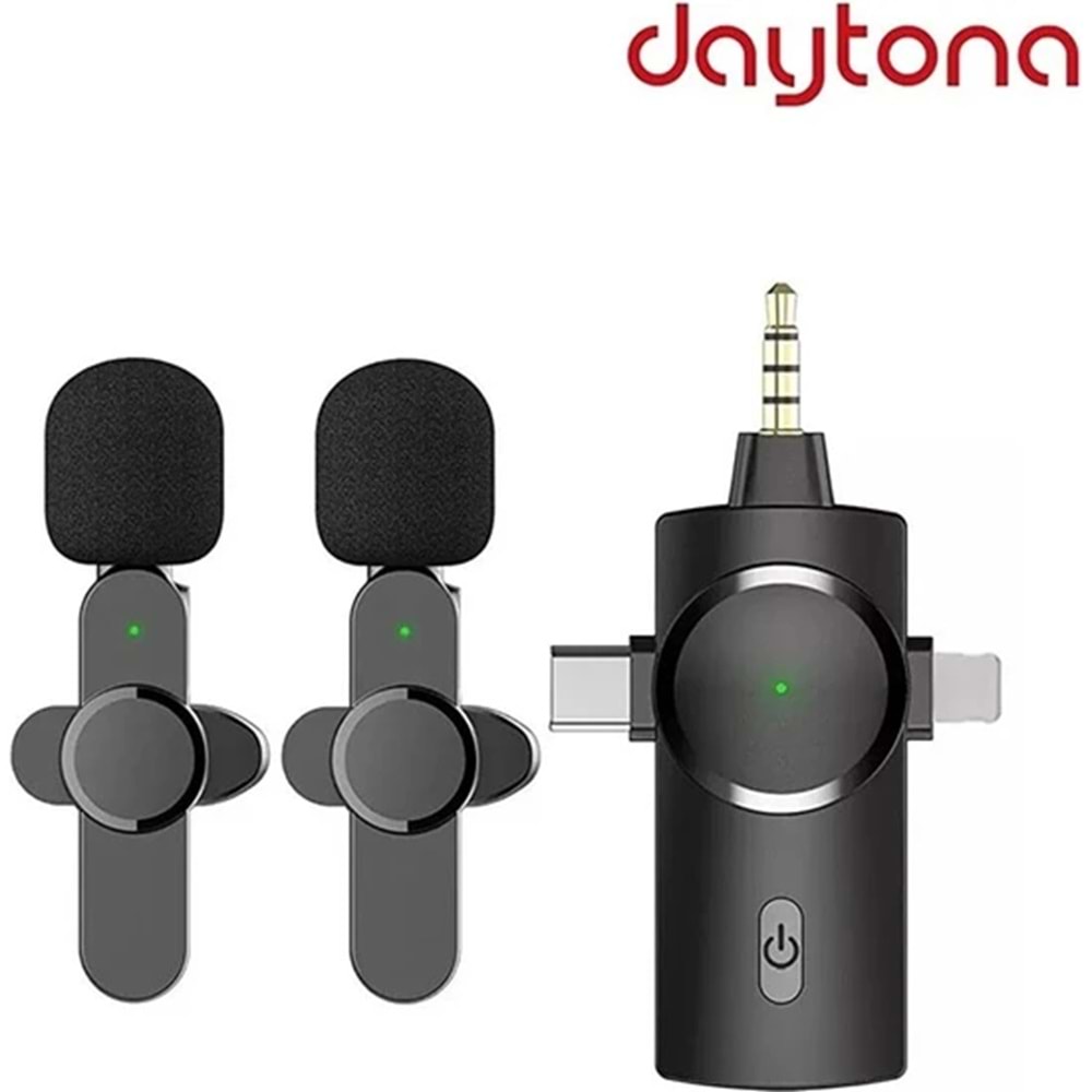 Daytona K9-C2 TYPE-C+Lightning kablosuz 2'li yaka mikrofonu (1Adet Kablosuz Alıcı + 2Adet Mikrofon) (3-in-1)