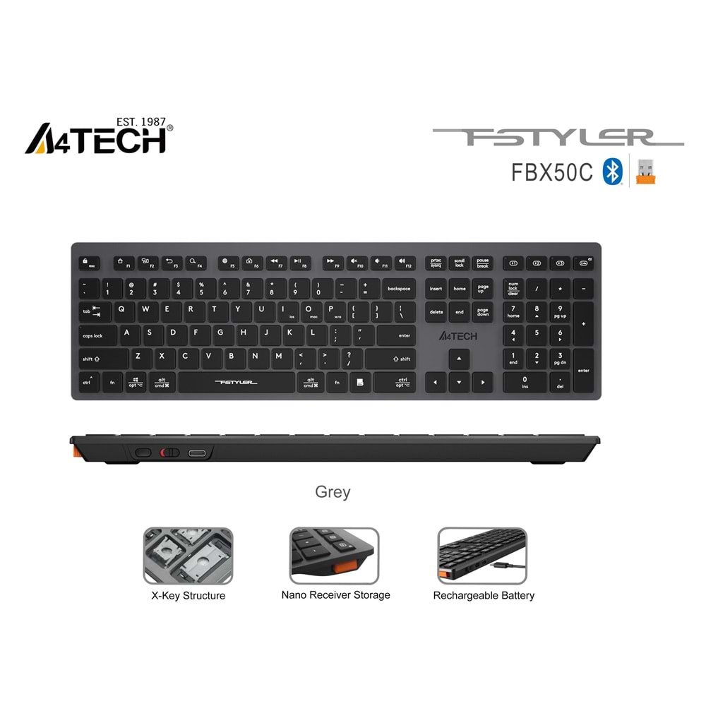 A4 Tech FBX50C Bluetooth Q şarjlı gri klavye
