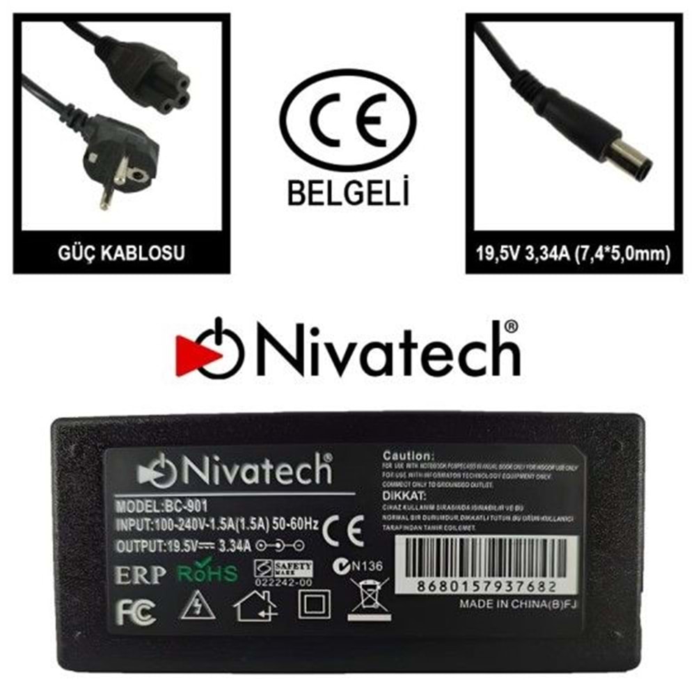 Nivatech BC901 DELL 19,5V 3,34A (7,4*5,0mm) Adaptö