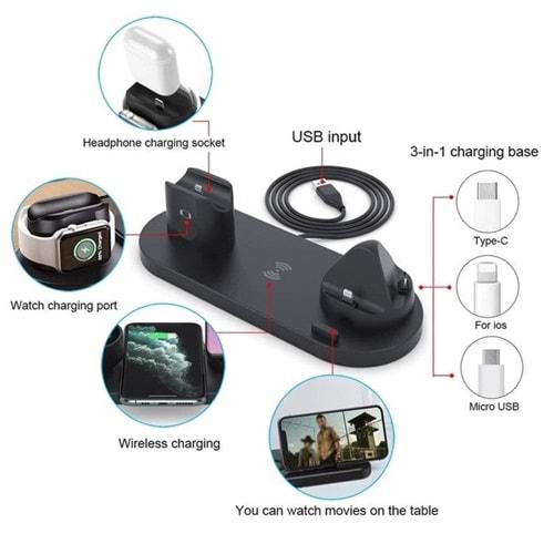 Daytona BW06-S Kablosuz 6'lı şarj standı,siyah