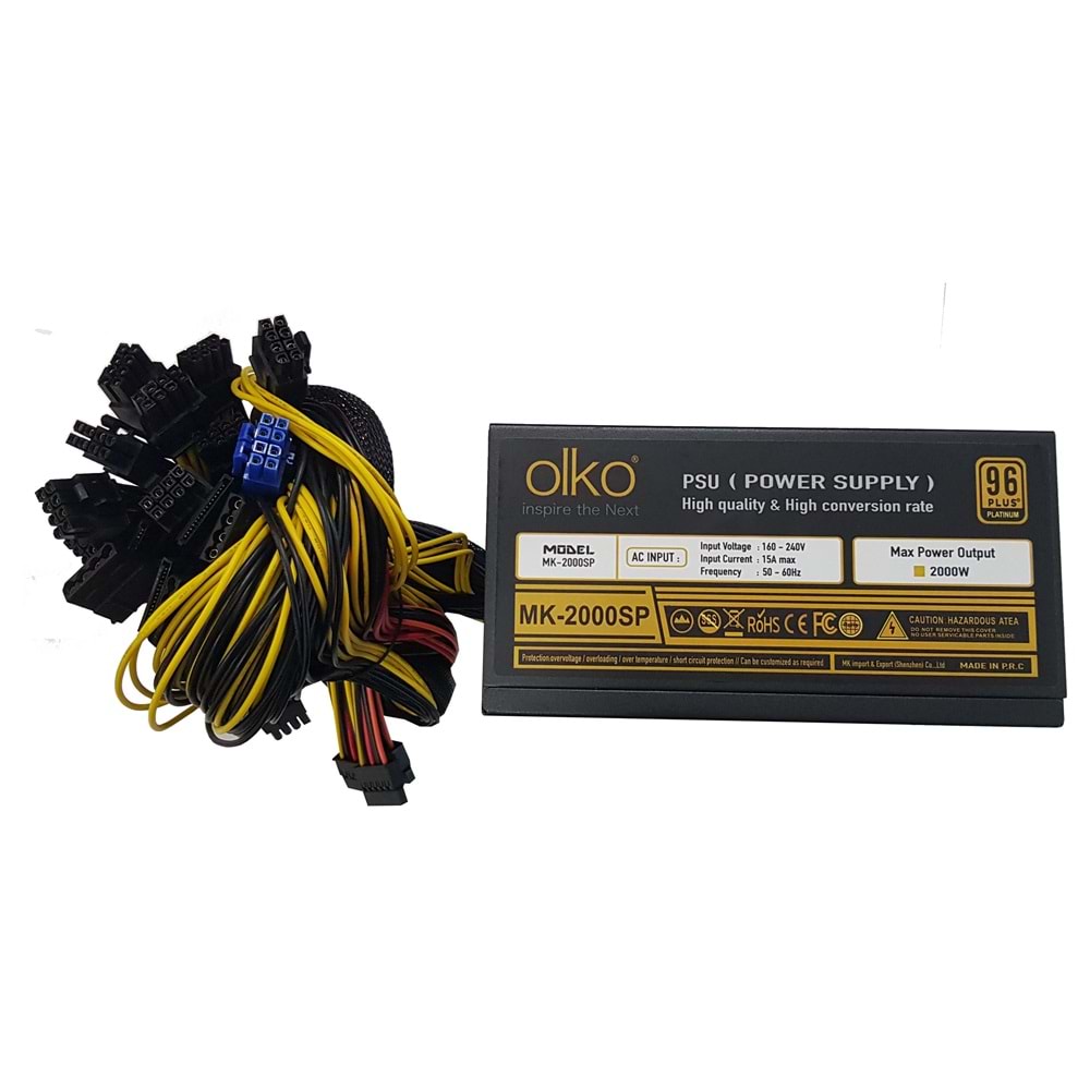 OLKO 2000 W POWER SUPPLY 16xPCI-E(6+2Pin), MINING 1x20+4p/8xSata/96+PLATINUM (MK-2000SP)