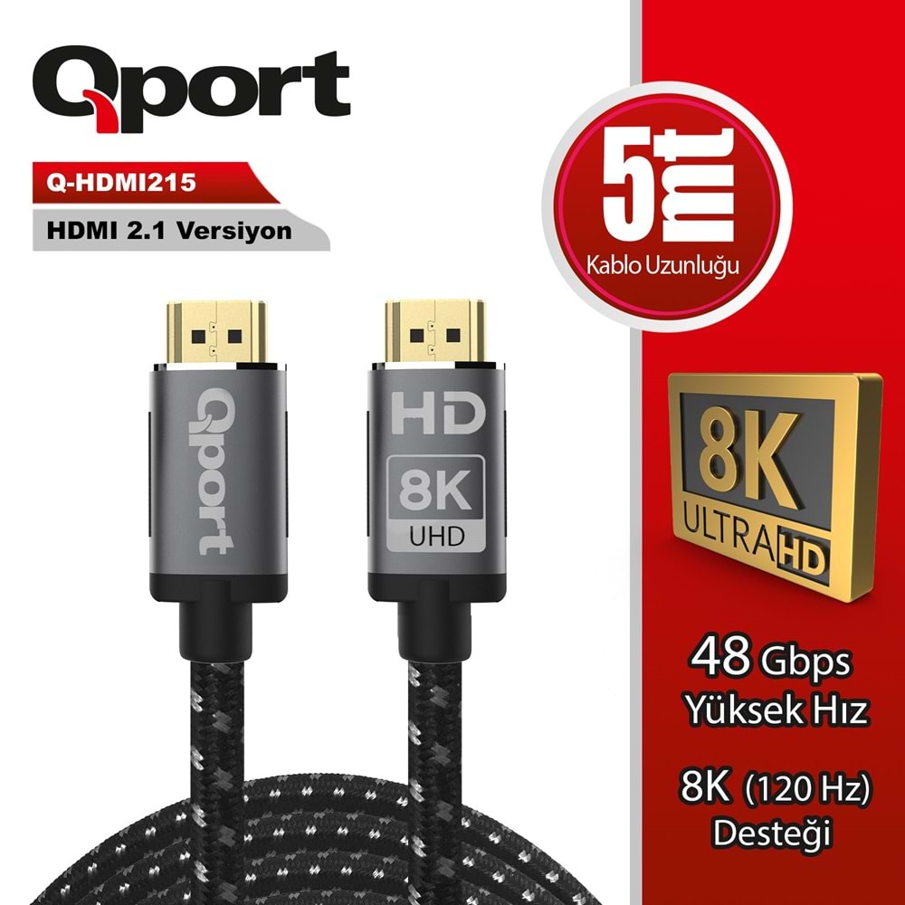 Qport Q-HDMI215 5m HDMI 2.1V 8K örgülü altın uçlu