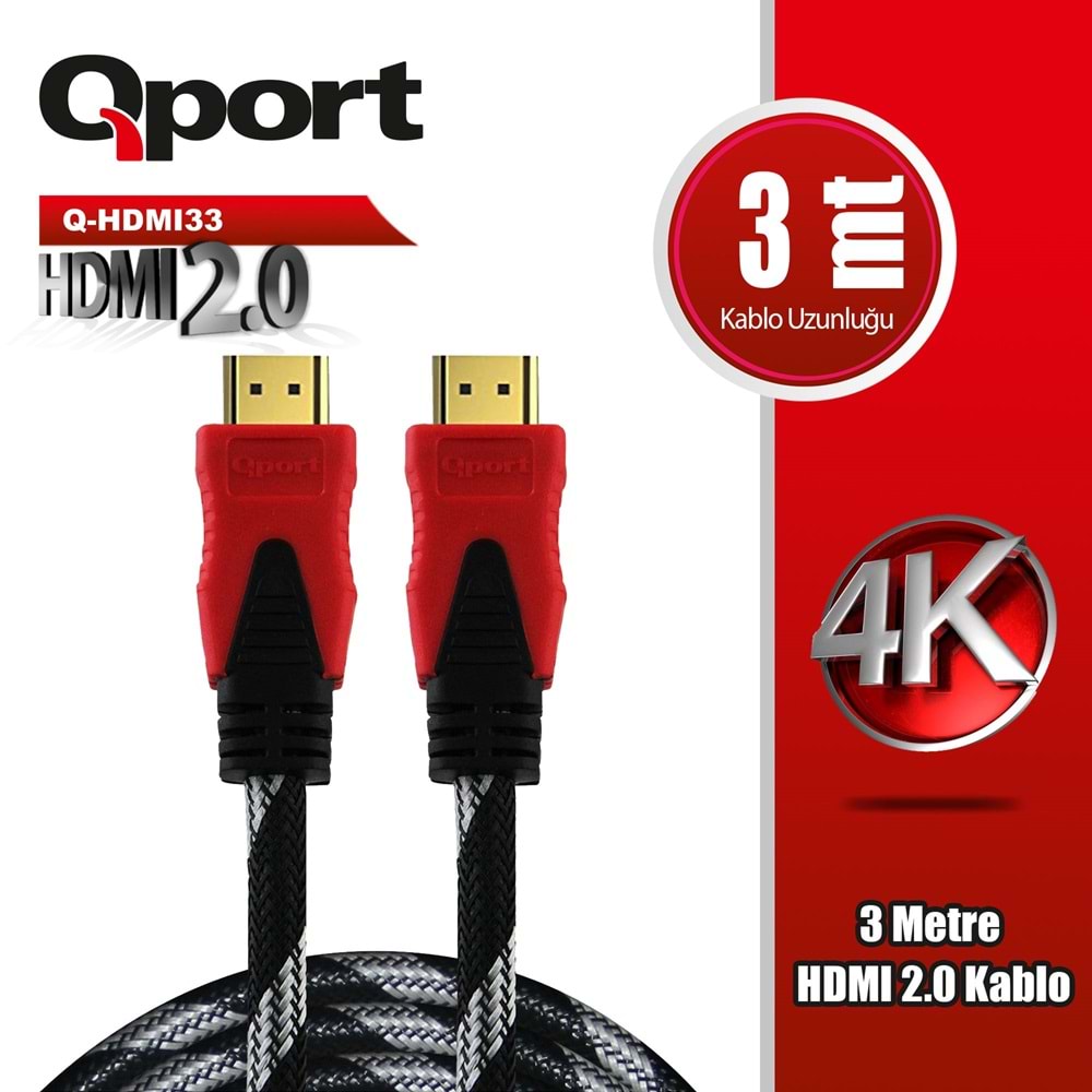 Qport Q-HDMI33 3m 2.0V 4K altın uçlu örgülü kablo