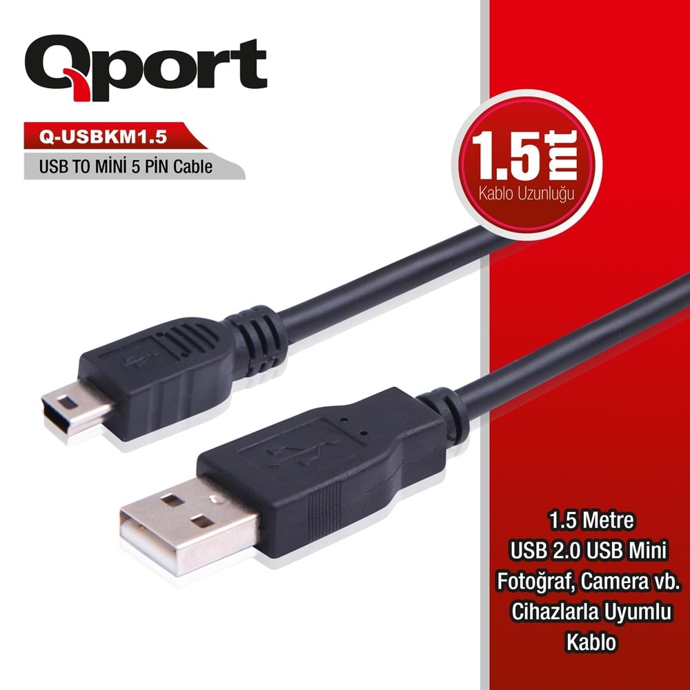 Qport Q-USBKM1.5 1,5m USB2.0=>Mini 5 pin kamera kablo