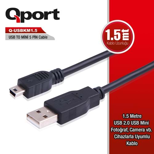 Qport Q-USBKM1.5 1,5m USB2.0=>Mini 5 pin kamera kablo