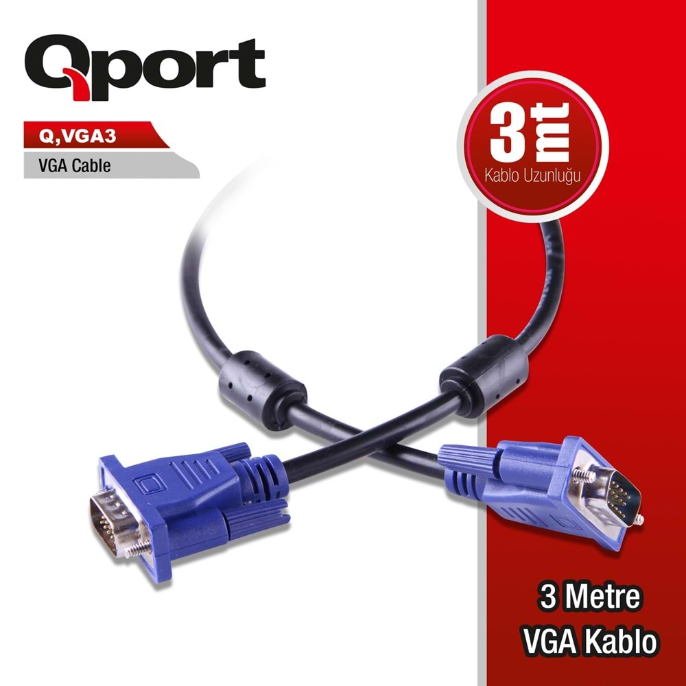 Qport Q-VGA3 3m filtreli VGA (Monitör)kablosu