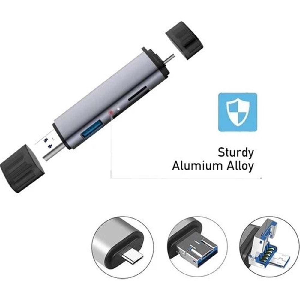 Daytona ADS-307 3'lü OTG kart okuyucu (Giriş:USB+Micro USB+Type-C => Çıkış:SD+Micro SD)