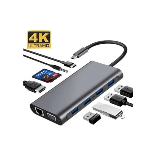 Daytona FC-31G Tip-C=>11'li gigabit hub,füme Giriş:Tip-C=>Çıkış:HDMI+VGA+4*USB3.0+Audio+GLan+SD