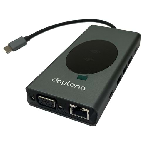Daytona W13 12'li USB Type-C Docking Station (Giriş:Tip-C => Çıkış:HDMI+SD+TF+Audio+VGA+RJ45+ 2*Tip-C+3*USB2.0+PD)