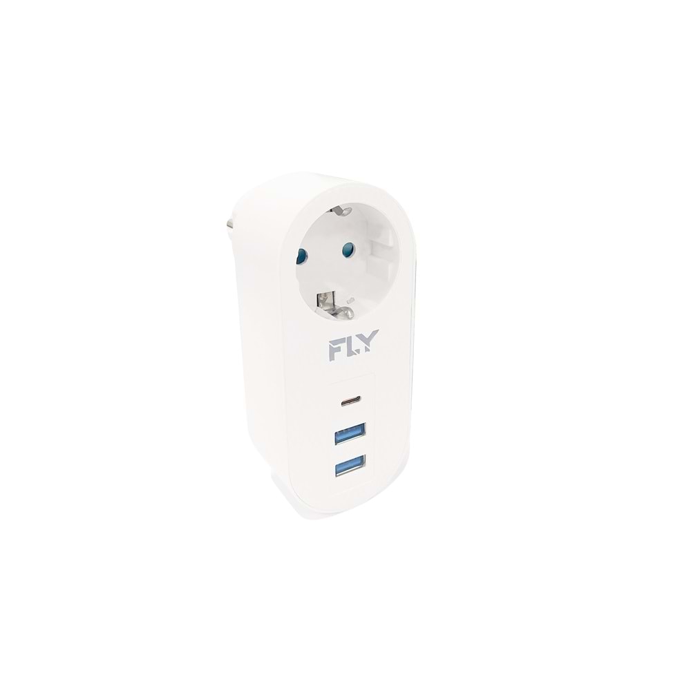 FLY-3400-01 1'li A.korumalı beyaz priz+2USB+Tip-C