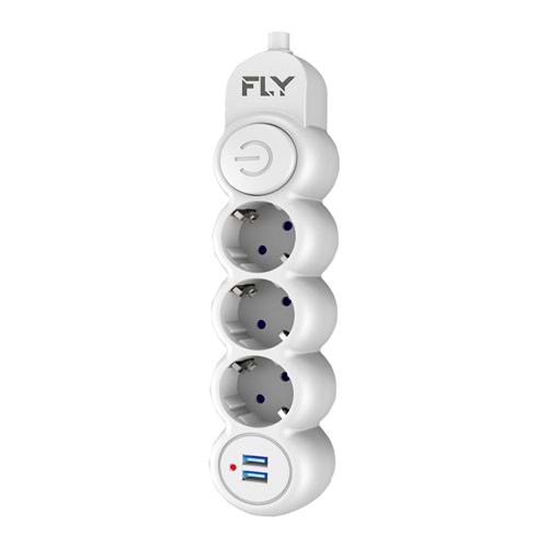 FLY-3393-01 2m 3'lü A.korumalı beyaz priz+2USB 2.1A